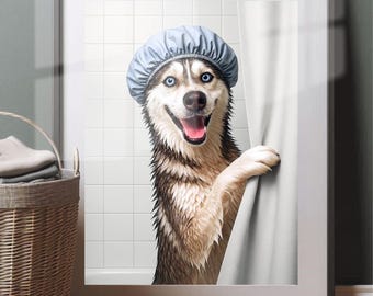 May include: Framed print of a Siberian Husky wearing a blue shower cap, peeking out from behind a white shower curtain. The dog has blue eyes and a wet coat, with a happy expression. The background shows a tiled shower wall.