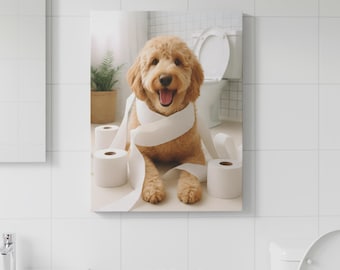 May include: A canvas print featuring a golden-colored dog playfully wrapped in toilet paper. The dog is sitting in a bathroom setting with a toilet and rolls of toilet paper. The print has a depth of 1.25 inches.