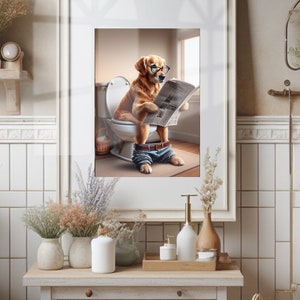 Golden Retriever Bathroom Print Golden Retriever on the Toilet Bathroom Print Golden Retriever Bath Funny Dog Bath Bathroom Humor Unframed