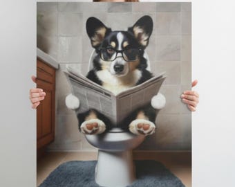 Tri-Color Corgi Canvas, Corgi Bathroom Art, Cute Pet Wall Art, Dog Lover Home Decor, Quirky Gift for Pet Owners
