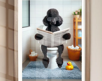 May include: A black poodle wearing sunglasses sits on a toilet and reads a newspaper titled "The Evening Times". A yellow rubber ducky sits on the floor in front of the poodle.
