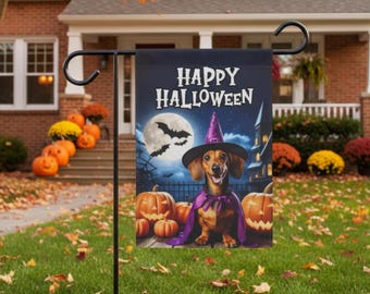 Dachshund Halloween Garden Flag, Witch Dog Yard Decor, Dachshund Fall House Flag, Dachshund Witch, Cute Halloween Dachshund Decoration