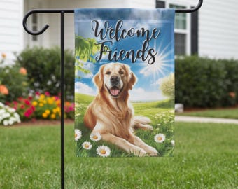 Golden Retriever Summer Garden Flag, Welcome Friends Dog Yard Decor, Retriever Outdoor House Banner, Dog Flag, Pet Lover Lawn Sign Decor