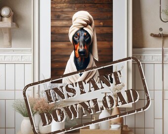 Puede incluir: Una impresión enmarcada con un Doberman Pinscher con un turbante y una bata de toalla, sobre un fondo de paneles de madera. La imagen tiene un tema de spa, con las palabras "INSTANT DOWNLOAD" estampadas en la parte inferior.