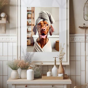 Vizsla with Towel on Head Bathroom Towel Poster Print Vizsla Bath Funny Dog Bath Shower Picture Bathroom Humor Vizsla Home Decor Unframed