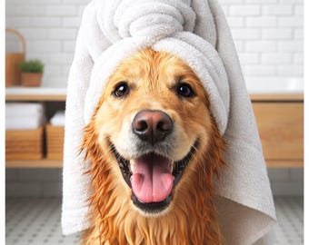 Funny Golden Retriever Bathroom Wall Art – Dog with Towel on Head Print, Dog Bath Decor, Golden Retriever Gift, Unframed Poster