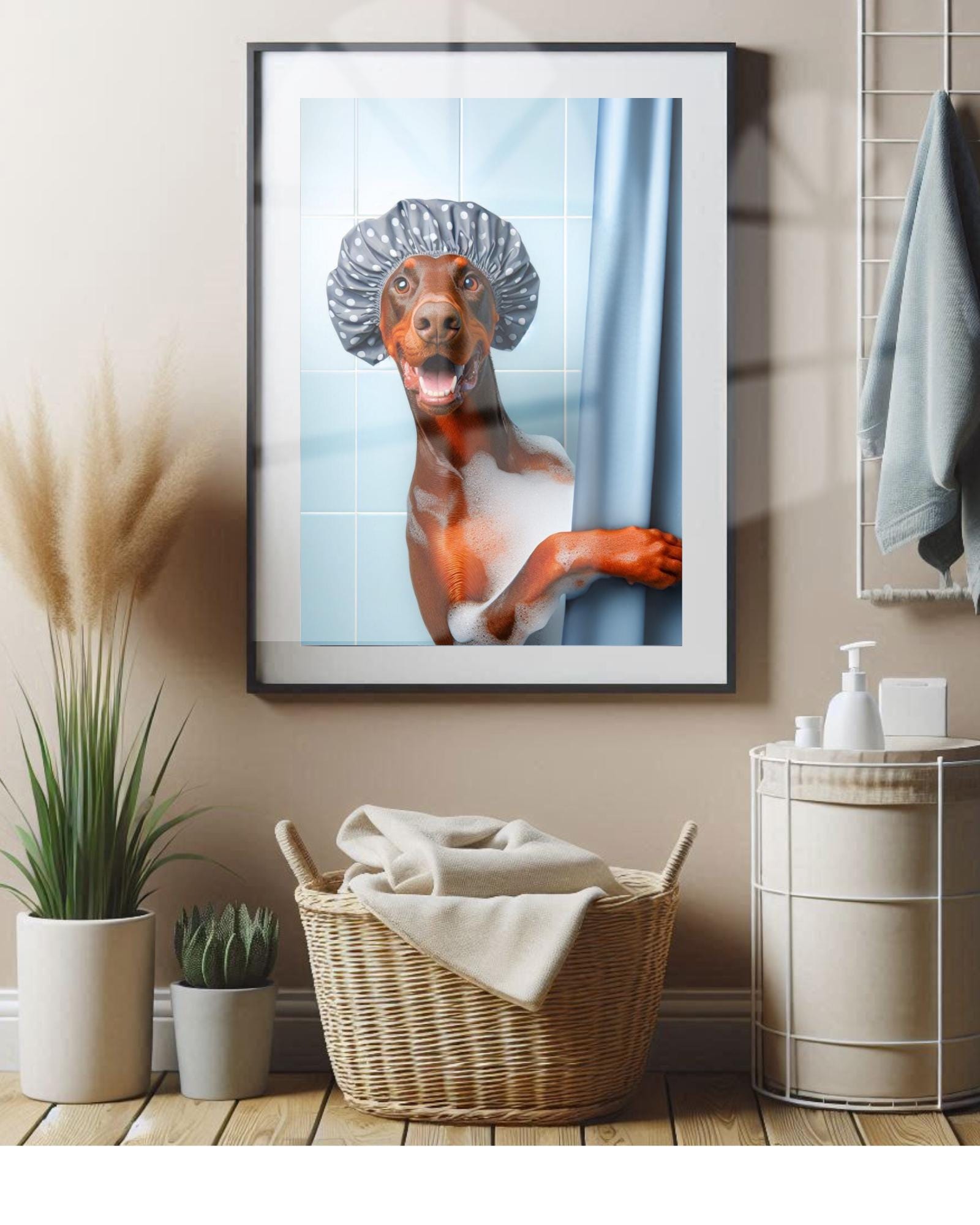 Red Doberman Bathroom Poster Print Doberman Shower Bath Funny Dog Picture Bathroom Humor Doberman Bath Wall Doberman Art Decor Unframed