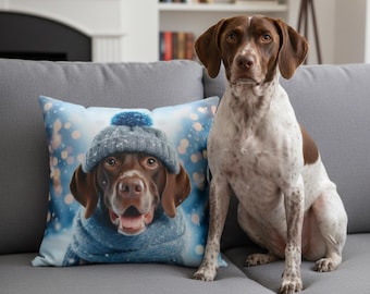 Brown German Shorthair Pointer Winter Scene Holiday Pillow, Square Dog Throw Pillow, Blue Silver Holiday Decor, GSP Christmas Accent Pillow