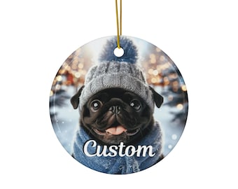 Personalized Black Pug Christmas Ornament, Black Pug Holiday Decor, Puppy Tree Ornament, Pet Lover Gift Idea, Home Decor