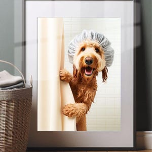 Doodle Bathroom Poster Print Golden Doodle Shower Bath Funny Dog Picture Bathroom Humor Doodle Bath Wall Art Decor GoldenDoodle Unframed