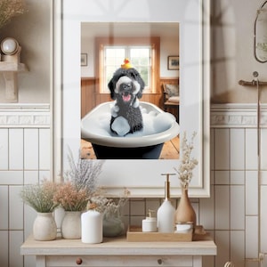 Black Labradoodle Bathroom Wall Art of Black Labradoodle in Tub with Rubber Duck Bathroom Poster Print Labradoodle Bath Wall Art Unframed