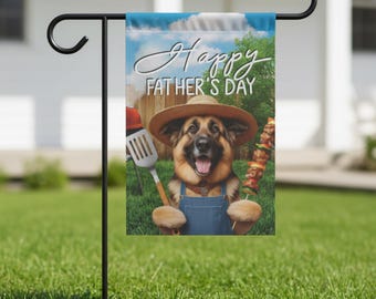 German Shepherd Fathers Day Garden Flag, Grilling Dog Yard Decor, BBQ GSD House Flag, Dog Dad Gift, Summer Outdoor Flag