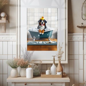Bernese Mountain Dog Bathroom Wall Art Bernese Moutain Dog in Tub Rubber Duck Bathroom Poster Print Bernese Mountain Dog Wall Art Unframed