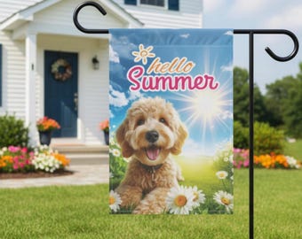 Goldendoodle Summer Garden Flag, Hello Summer Dog Yard Decor, Golden Doodle Outdoor Banner, Dog House Flag, Pet  Lawn Sign, Home Decor Flag