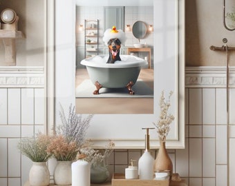 Doberman Bathroom Wall Art of Doberman in Tub with Rubber Duck Bathroom Poster Print Doberman Bath Funny Dog Bath Doberman Decor Unframed