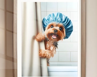 May include: A brown and black Yorkshire Terrier dog wearing a blue shower cap peeks out from behind a white shower curtain in a white tiled bathroom.