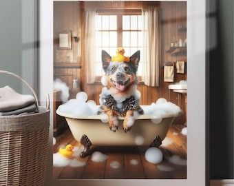 Australian Cattle Dog Bath Art: Dog in Tub with Rubber Duck Poster Print (Unframed)