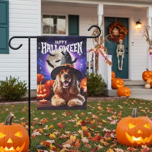 Cocker Spaniel Halloween Garden Flag, Witch Dog Banner, Halloween Yard Decoration, Double-Sided Garden & House Flag, Outdoor Halloween Decor