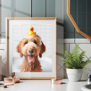 Doodle Bathroom Wall Art Doodle in Tub with Rubber Duck Bathroom Poster Print Doodle Funny Dog Bath Shower Picture Bathroom Humor Unframed