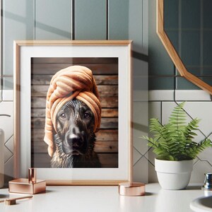 German Shepherd with Towel on Head Bathroom Poster Print Brindle Black German Shepherd Funny Dog Shower Picture Bathroom Humor Unframed