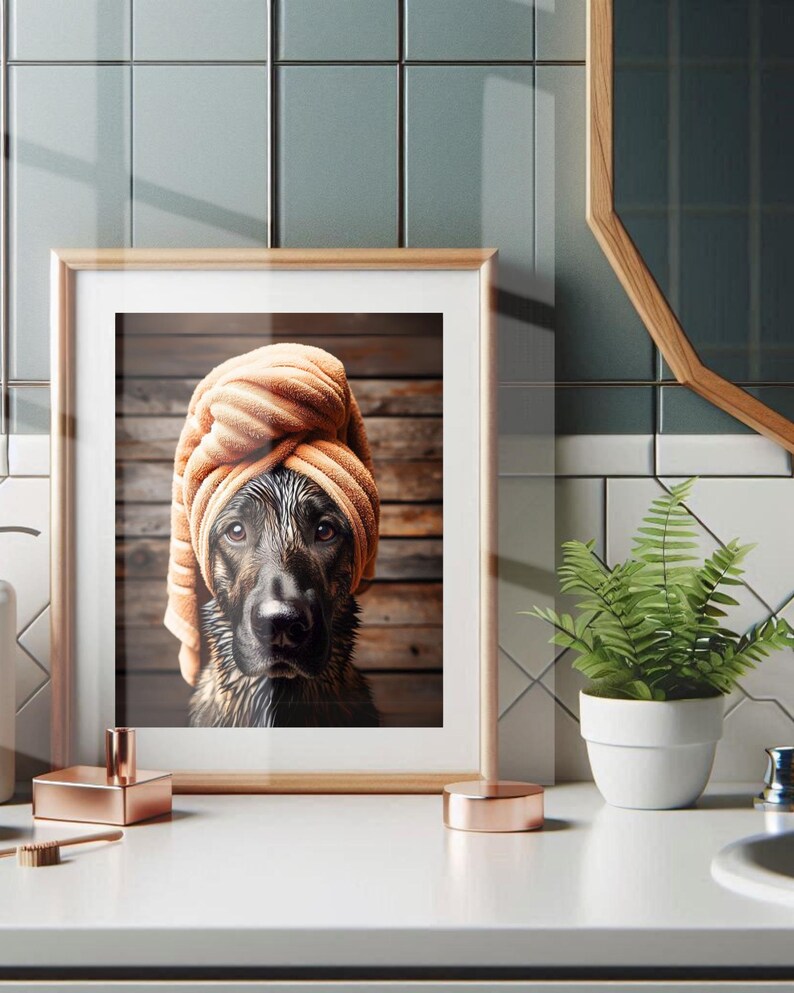 German Shepherd with Towel on Head Bathroom Poster Print Brindle Black German Shepherd Funny Dog Shower Picture Bathroom Humor Unframed