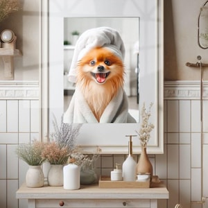 Pomeranian with Towel on Head Bathroom Towel Poster Print Pomeranian Bath Funny Dog Bath Shower Picture Humor Pomeranian Wall Decor Unframed