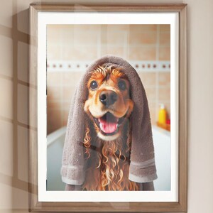 Cocker Spaniel with Towel on Head Bathroom Towel Poster Print Cocker Spaniel Bath Funny Dog Bath Shower Picture Bathroom Humor Unframed