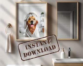 May include: A digital print of a golden retriever dog wearing a white towel, with the words "INSTANT DOWNLOAD" in a brown distressed font.