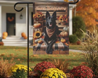 Thanksgiving Black German Shepherd Flag, Fall Garden & House Flag, Pumpkins, Sunflowers and Autumn Home Decor, Dog Lover Gift
