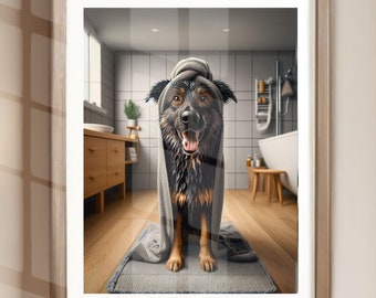 May include: A brown and black dog with a towel wrapped around its head stands on a gray bath mat in a bathroom. The dog is wet and has a happy expression on its face.