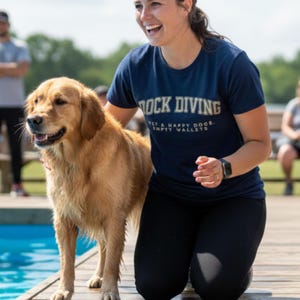Könnte beinhalten: Ein nasser Golden Retriever steht auf einem Holzsteg neben einer Person, die ein marineblaues T-Shirt mit den Aufdrucken "Rock Diving" und "Get a Happy Dog. Empty Wallets" trägt. Der Hintergrund zeigt einen Pool und andere Personen.