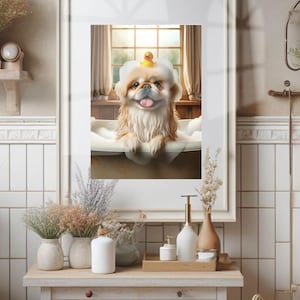 Pekingese Bathroom Wall Art of Pekingese in Tub with Rubber Duck Bathroom Poster Print Pekingese Peke Bath Wall Art Unframed