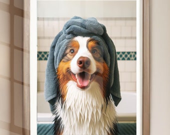 May include: A brown and white dog with a blue towel wrapped around its head, looking directly at the camera with a happy expression. The dog is wet and has a white, fluffy beard.