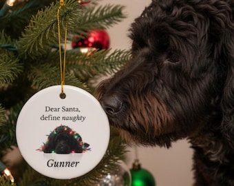 May include: A white ceramic Christmas ornament with the text "Dear Santa, define naughty" and the name "Gunner". The ornament features a black dog with Christmas lights. A black dog is next to the ornament.
