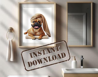 Tan French Bulldog in Bathroom Print PRINTABLE Funny Dog Bath Picture Frenchie Bathroom Humor Home Decor DIGITAL DOWNLOAD