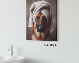 May include: A canvas print featuring a German Shepherd dog with a beige towel wrapped around its head. The dog has brown and black fur and is looking directly at the viewer. The background has a wood grain pattern.