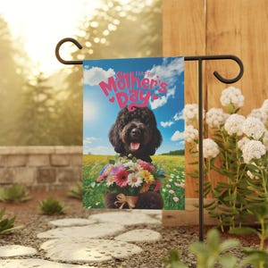 Black Doodle Mother&#39;s Day Garden Flag, Dog Lover Yard Flag, Happy Mothers Day Outdoor Decor,  Black Doodle Mom Gift, Spring Dog House Flag