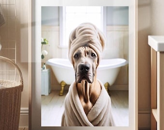 Great Dane with Towel on Head Bathroom Towel Poster Print Great Dane Funny Dog Bath Shower Picture Bathroom Humor Great Dane Decor Unframed