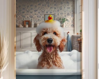 Golden Doodle Bathroom Wall Art Doodle in Tub Rubber Duck Bathroom Poster Print goldendoodle Funny Dog Bath Shower Picture Humor Unframed