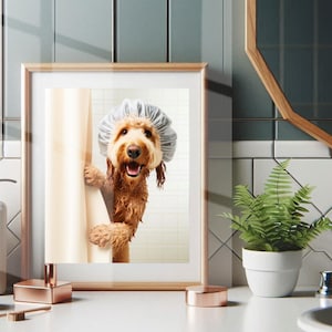 Doodle Bathroom Poster Print Golden Doodle Shower Bath Funny Dog Picture Bathroom Humor Doodle Bath Wall Art Decor GoldenDoodle Unframed