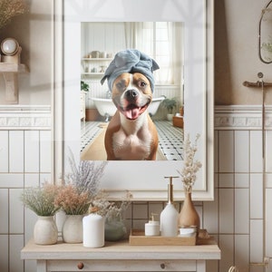 Pitbull with Towel on Head Bathroom Towel Poster Print Pitbull Funny Dog Bath Shower Picture Bathroom Humor Pitbull Home Decor Unframed