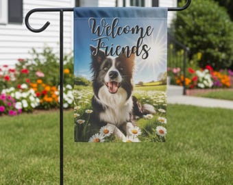 Border Collie Summer Garden Flag, Welcome Friends Dog Yard Decor, Border Collie Outdoor Banner, Dog Flag, Pet Lover Lawn Sign, Home Decor