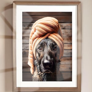German Shepherd with Towel on Head Bathroom Poster Print Brindle Black German Shepherd Funny Dog Shower Picture Bathroom Humor Unframed