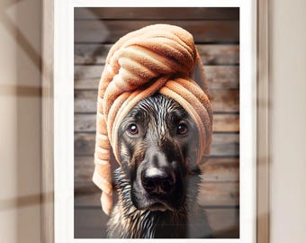 May include: A wet black and brown dog with a brown towel wrapped around its head. The dog is looking directly at the camera. The background is a wooden wall.