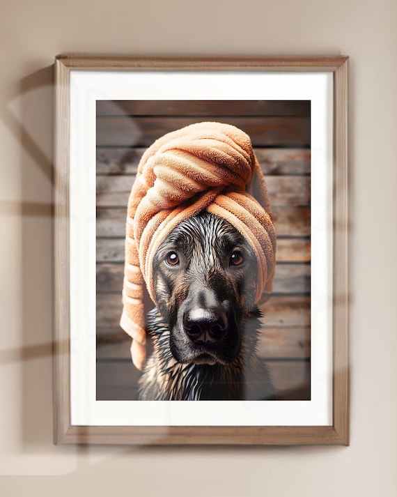 Funny German Shepherd Dog Print: Brindle Dog with Towel, Bathroom Humor Art (Unframed)
