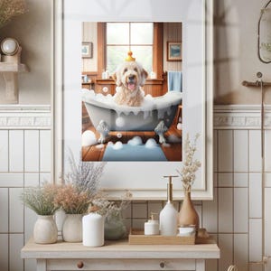 Goldendoodle Bathroom Wall Art of Goldendoodle in Tub with Rubber Duck Bathroom Poster Print Golden Doodle Bath Wall Art Unframed