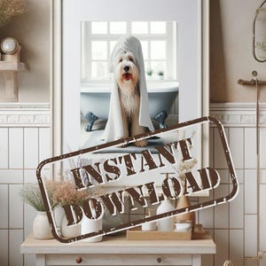 Bearded Collie in Bathroom Poster Print PRINTABLE Funny Dog Bath Picture Bearded Collie Bath Towel Humor Home Decor DIGITAL DOWNLOAD