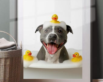 Pitbull in Tub Wall Art, Funny Dog Bubble Bath Print (Unframed)