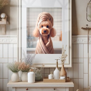 Poodle with Towel on Head Bathroom Towel Poster Print Poodle Bath Funny Dog Bath Shower Picture Bathroom Humor Poodle Wall Decor Unframed