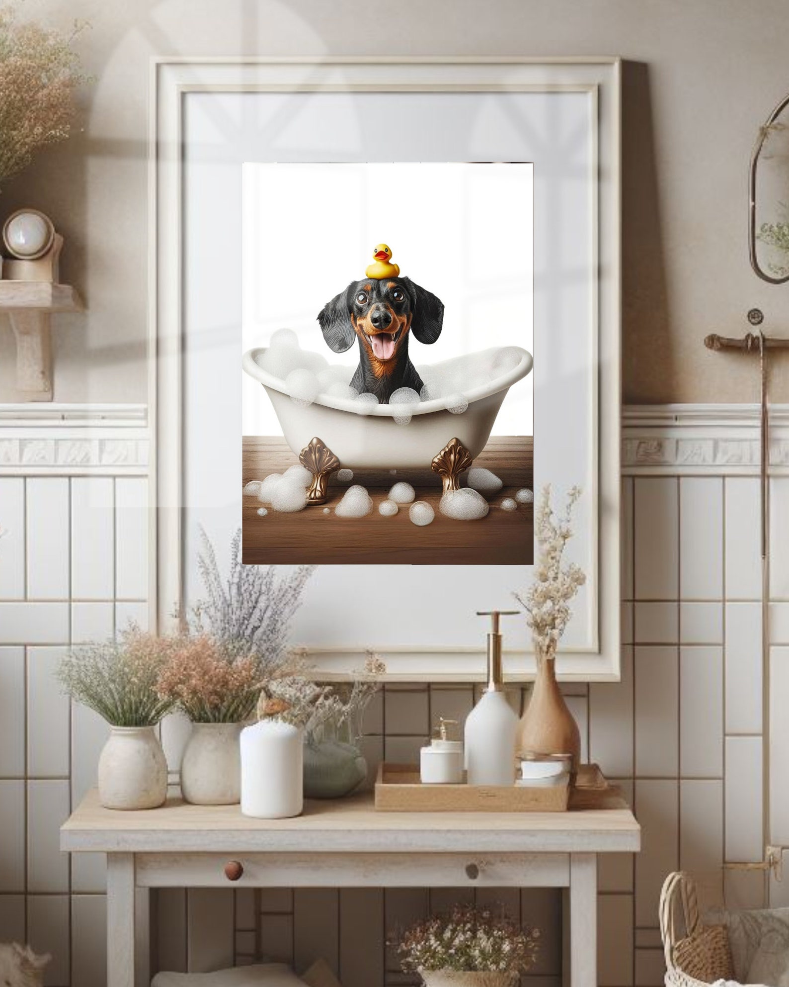 Dachshund Bathroom Wall Art Dachshund in Tub With Rubber Duck Bathroom ...
